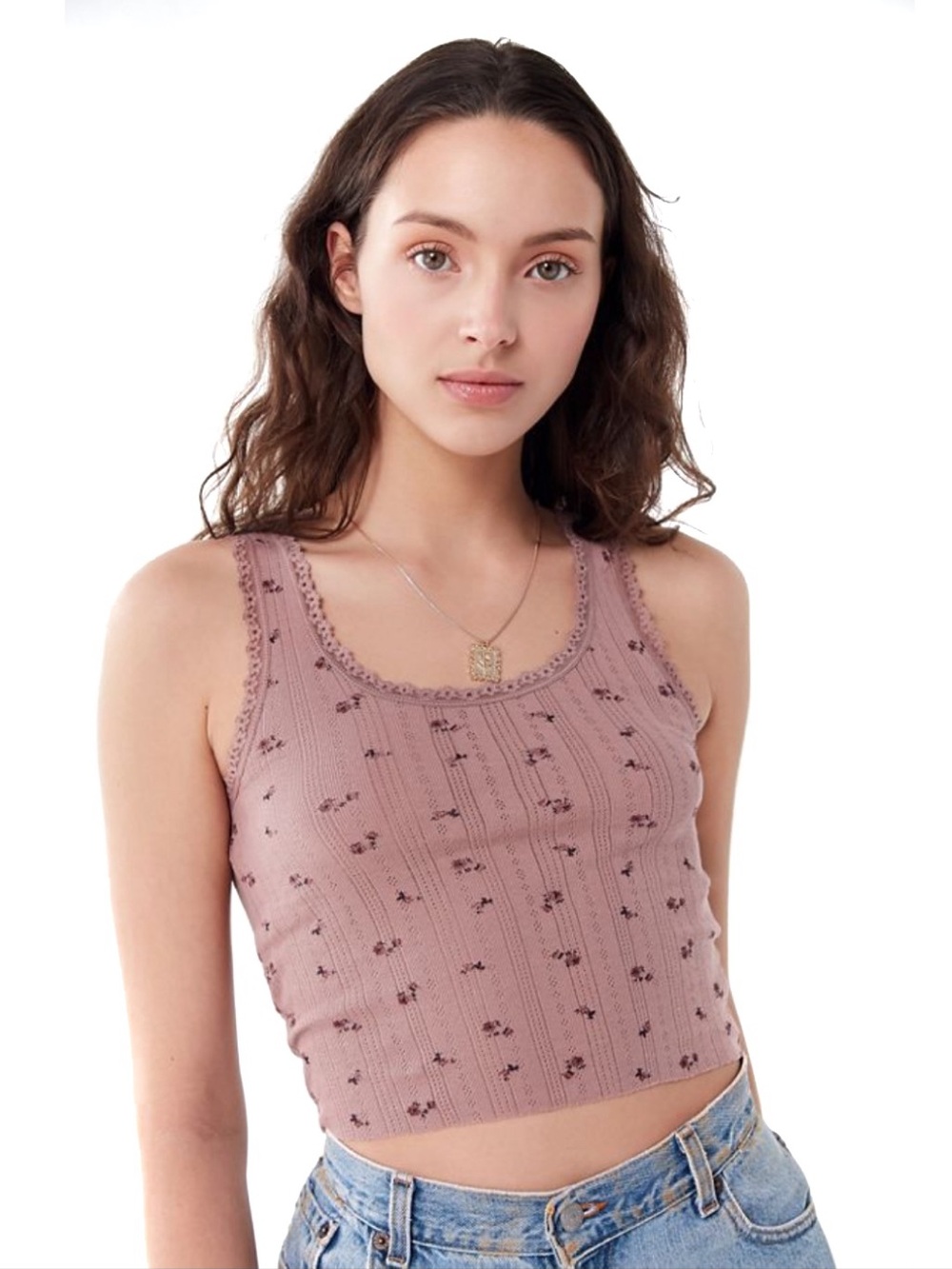 Urban Outfitters Pointelle Cropped Ribbed Floral Lace-Trim Tank Top Dusty Mauve